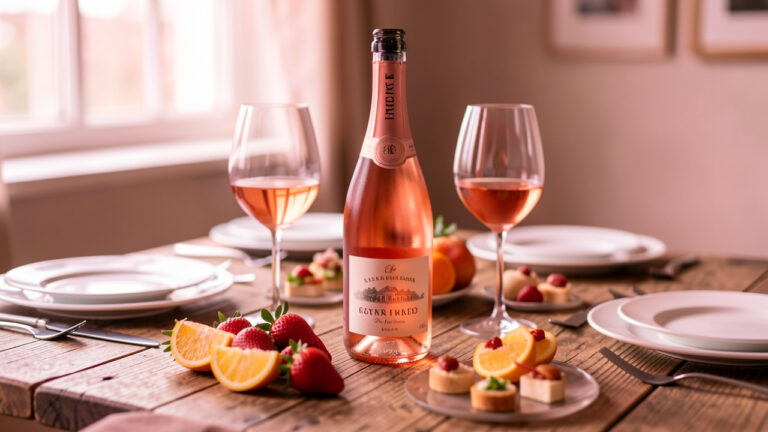 Bouteille de rosé bien fraîche et deux verres remplis sur une table en bois, avec des fraises et des agrumes, éclairage naturel doux et ambiance conviviale pour l’apéritif.