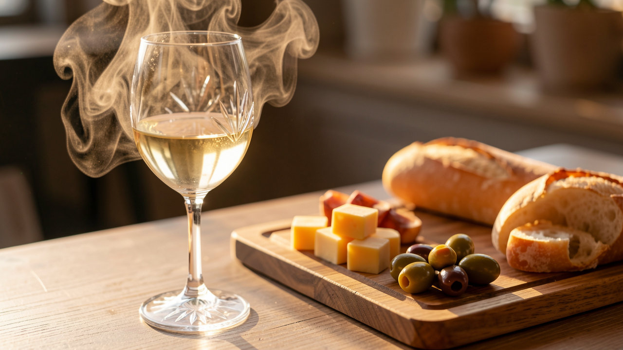 Verre de vin blanc frais avec des amuse-bouches sur une table en bois, éclairage doré naturel et ambiance conviviale d’apéritif.