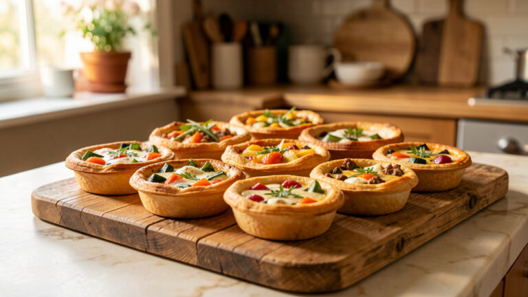 Assortiment de mini-quiches dorées et colorées, présenté sur une planche en bois pour un apéritif convivial à partager.