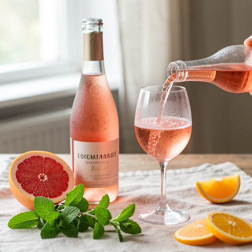 Bouteille de rosé très frais, pamplemousse coupé, feuilles de menthe et verre rempli de rosé sur une table rustique, lumière naturelle douce et détails nets.
