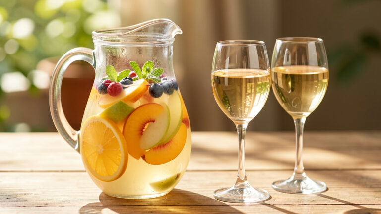 Carafe de sangria blanche maison aux fruits frais, accompagnée de verres, sur une table en bois baignée de soleil.