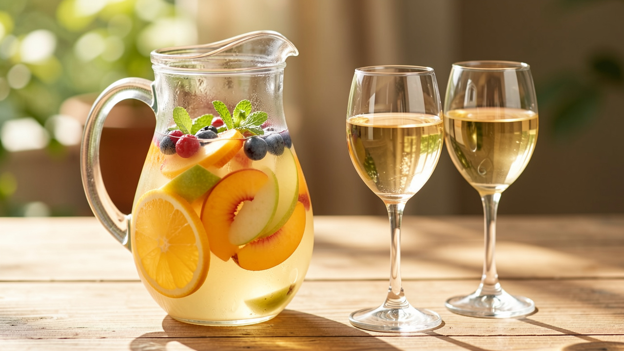 Carafe de sangria blanche maison aux fruits frais, accompagnée de verres, sur une table en bois baignée de soleil.