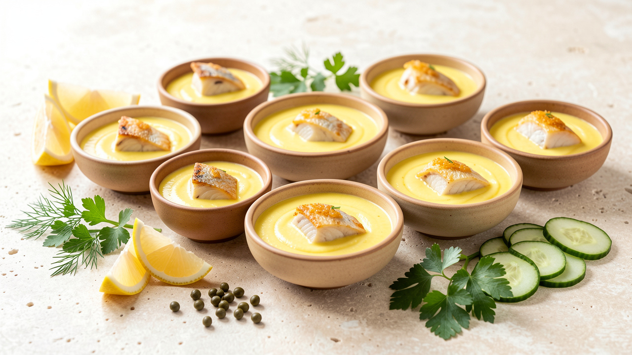 Cinq sauces au citron présentées dans de petits bols, accompagnées de bouchées de poisson dorées, de citron, d’herbes fraîches, de câpres et de concombre.