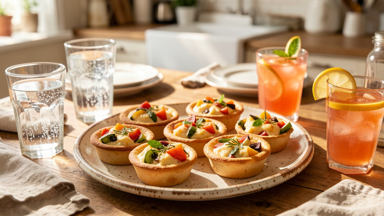 Six mini-quiches dorées garnies de légumes et d’herbes, présentées sur un plat avec des verres de boissons fraîches.