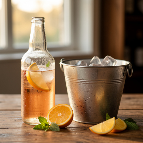 Verre et bouteille de cocktail rafraîchissant sur une table en bois, avec glaçons, tranches d’agrumes et feuilles de menthe, lumière dorée et ambiance apéritive.