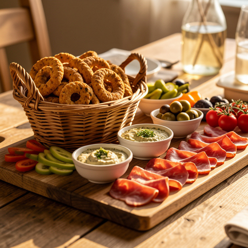 Table apéritive chaleureuse avec biscuits salés en forme de courbes, petits bols d’olives et trempette aux herbes, légumes frais et planche en bois à l’ambiance conviviale.