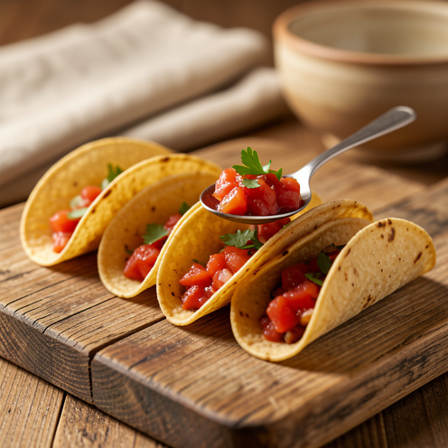 Mini tacos apéritif gourmands sur un plateau en bois, garnis de salsa rouge et d’herbes fraîches, ambiance chaleureuse et détaillée.
