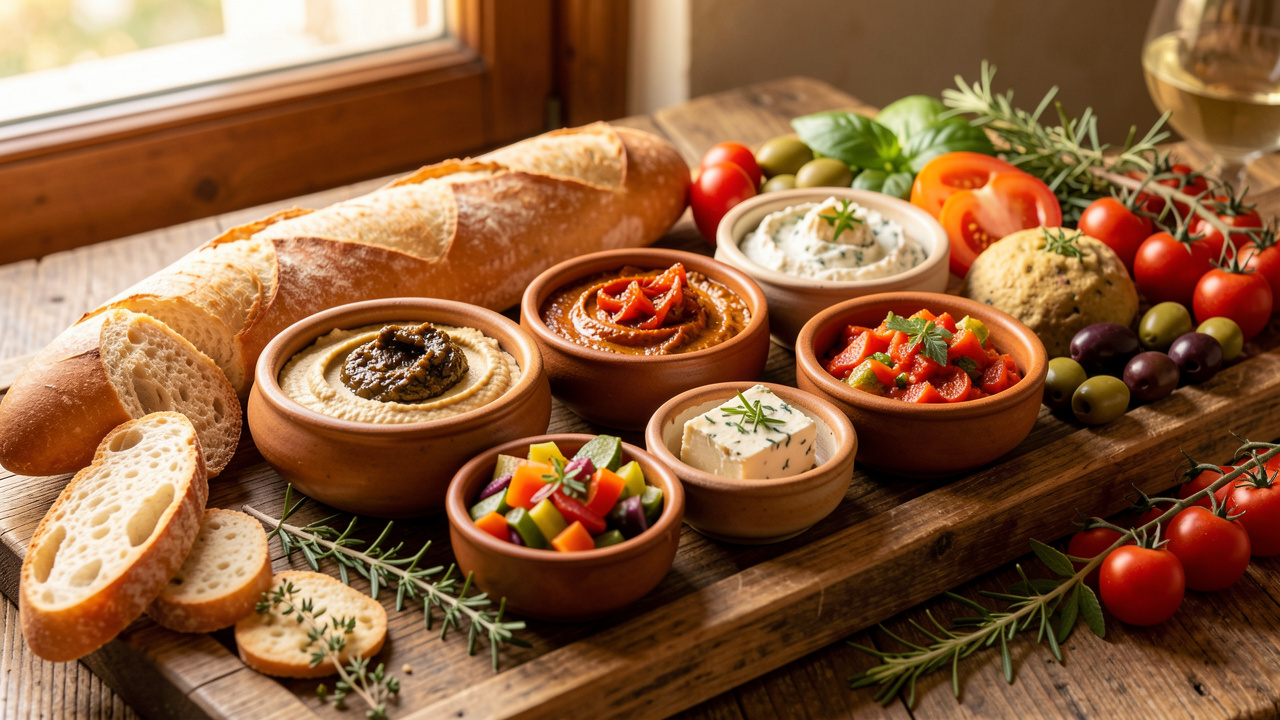 Planche apéritive garnie de plusieurs tartinades salées maison colorées, accompagnées de pain, de crackers, de légumes frais, d'olives et d'herbes aromatiques.