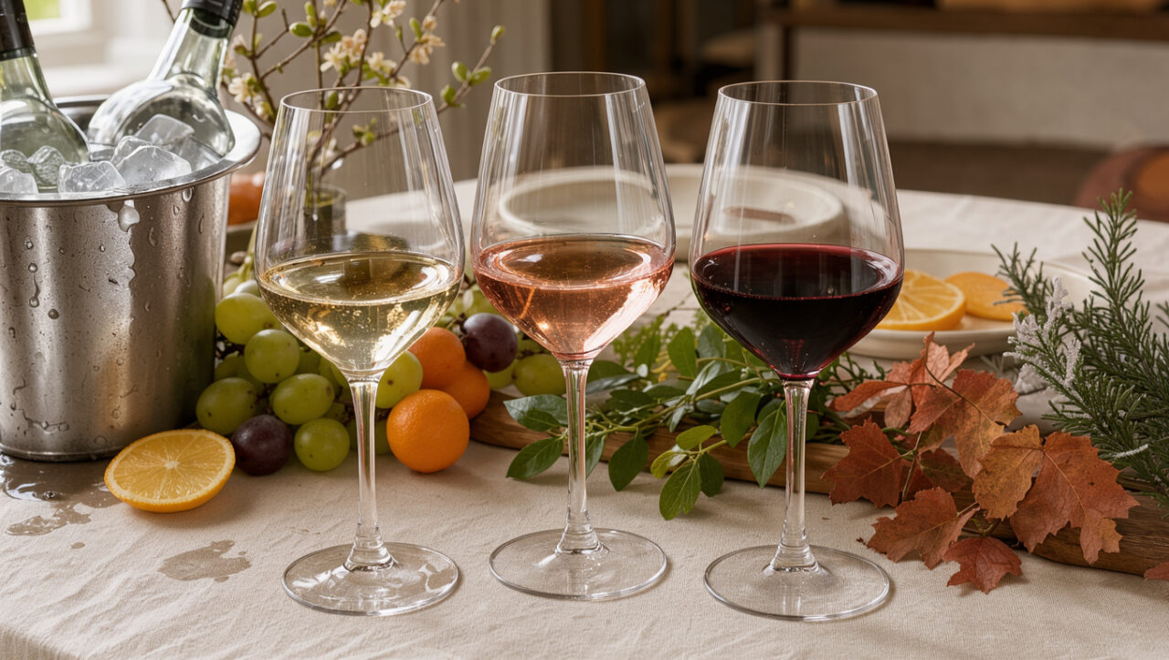 Trois verres de vin blanc, rosé et rouge disposés sur une table d’apéritif élégante avec une seau à glace, des raisins, des agrumes et des éléments évoquant les différentes saisons.