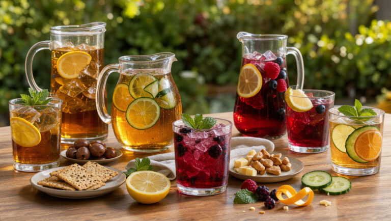Cinq thés glacés maison peu sucrés, parfumés aux agrumes, aux fruits rouges, à la menthe et au concombre, servis sur une table d’apéritif estivale.