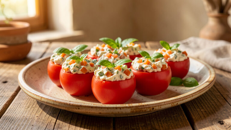 Bouchées de tomates fraîches farcies, garnies d’herbes et de fromage crémeux, présentées sur un plat en céramique rustique.
