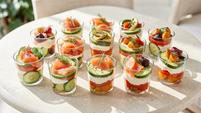 Douze verrines apéritives colorées garnies de légumes frais, saumon fumé, fromage et herbes, présentées sur une table claire.