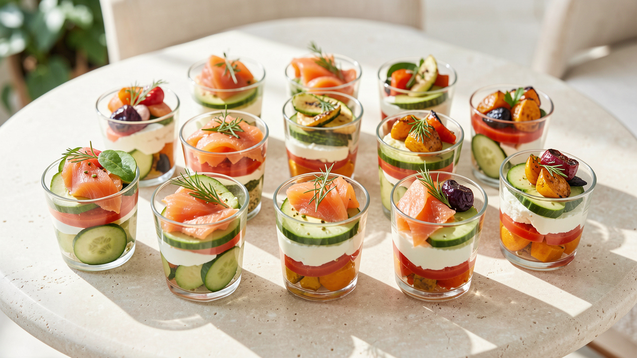 Douze verrines apéritives colorées garnies de légumes frais, saumon fumé, fromage et herbes, présentées sur une table claire.