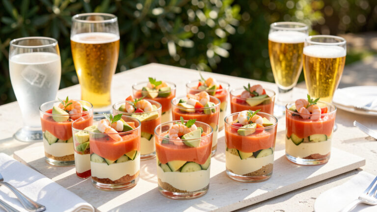 Assortiment de douze verrines apéritives colorées aux légumes, crevettes, herbes et mousses crémeuses, servi sur une table estivale avec des boissons fraîches.