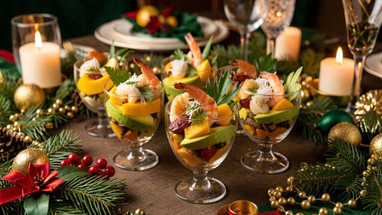 Assortiment de verrines apéritives colorées inspirées des cuisines antillaise et du monde, présenté sur une table de fête décorée pour Noël.