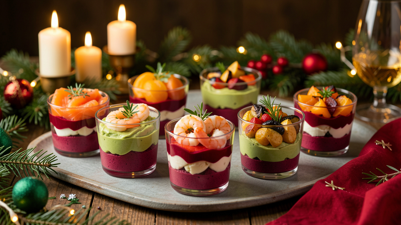 Huit verrines colorées et élégantes pour un apéritif de Noël, présentées sur une table festive avec des ingrédients variés.