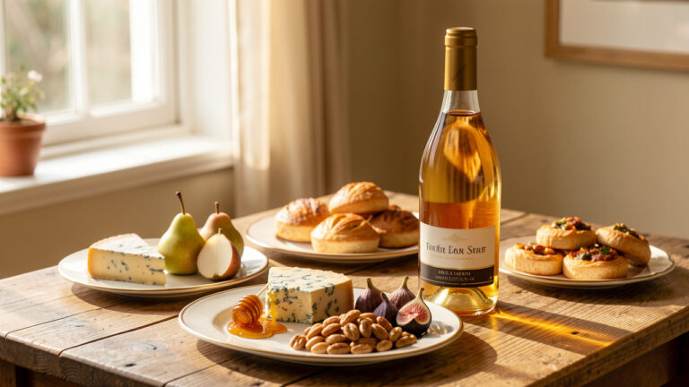 Bouteille de vin moelleux doré entourée de bouchées apéritives associant saveurs salées et sucrées, comme du fromage bleu, de la poire, des noix, des figues et des feuilletés.