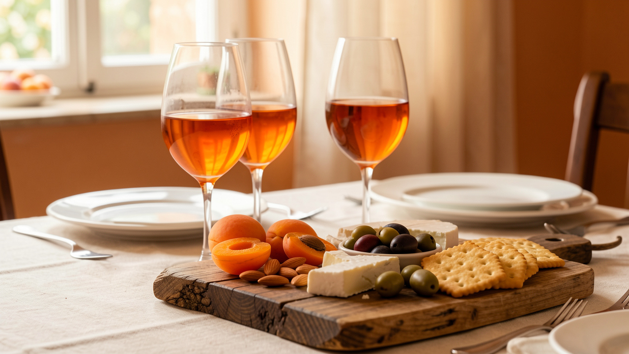 Verres de vin orange accompagnés d’abricots secs, d’amandes, de fromage, d’olives et de crackers sur une table en bois.