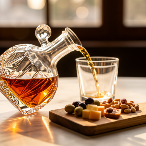 Une carafe de whisky ambré verse dans un verre, avec une planche apéritive en bois et des olives, des cubes de fromage et des noix, sous une lumière dorée et chaleureuse.